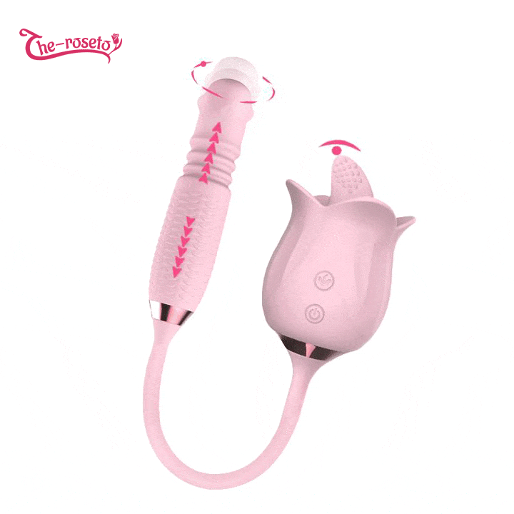 Hapmen - 3-in-1 Blooming Sexy Pink Rose Toy Rotating Pearls Telescopic Tongue-licking Vibrator