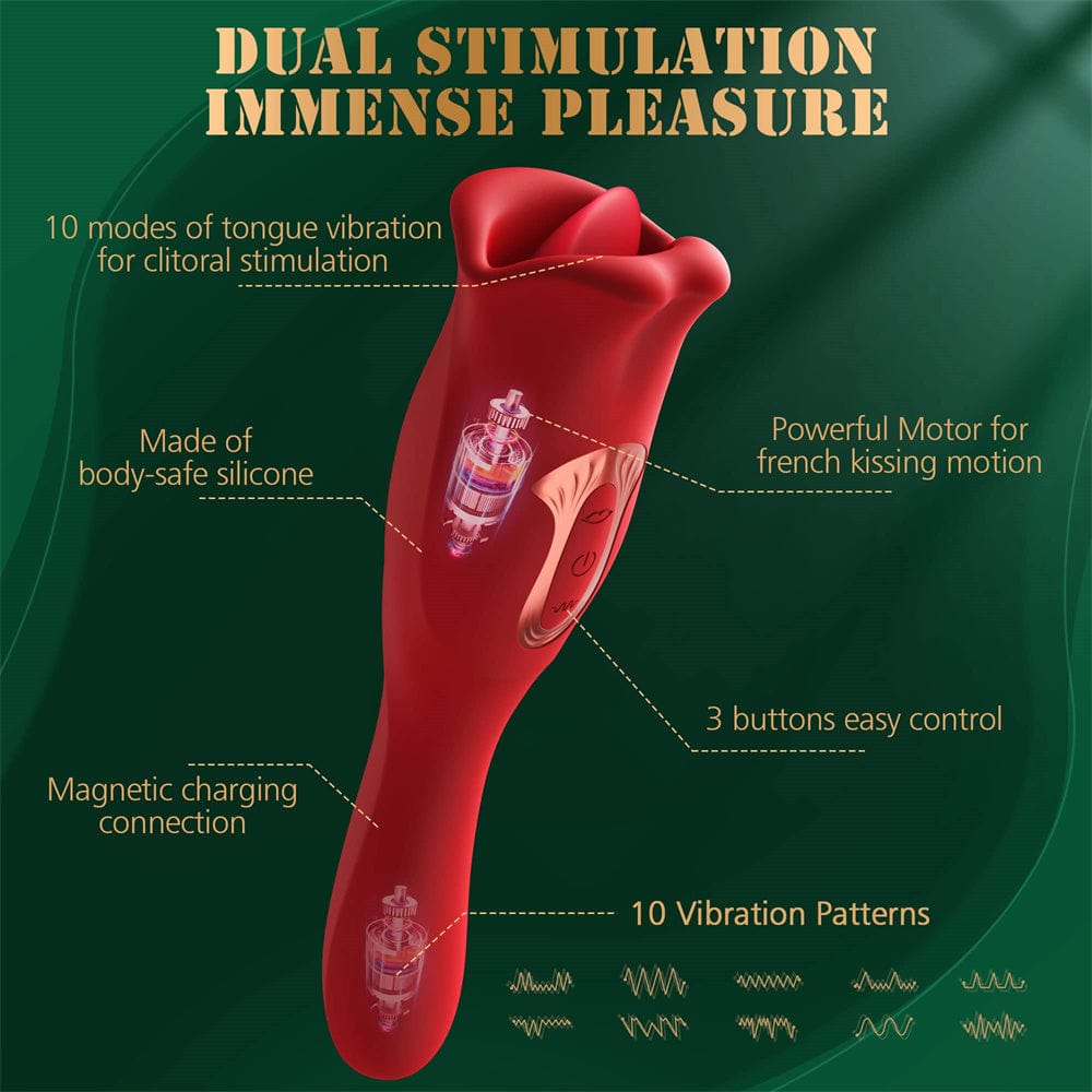 Hapmen - Rose Muncher Vibrator With Stick 10 Vibration Modes And 10 French Kissing Modes